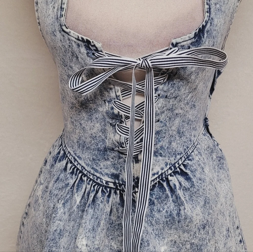 80s Vintage Amy Too Byer California Acid Wash Cotton Lace-up Mini Skater Dress S - Picture 6 of 16